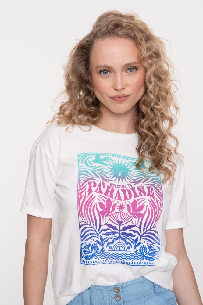 BASIC T SHIRT MET KLEURRIJKE PRINT EN TEKST 52373 24 000010 OFF-WHITE/PURPLE/BLUE